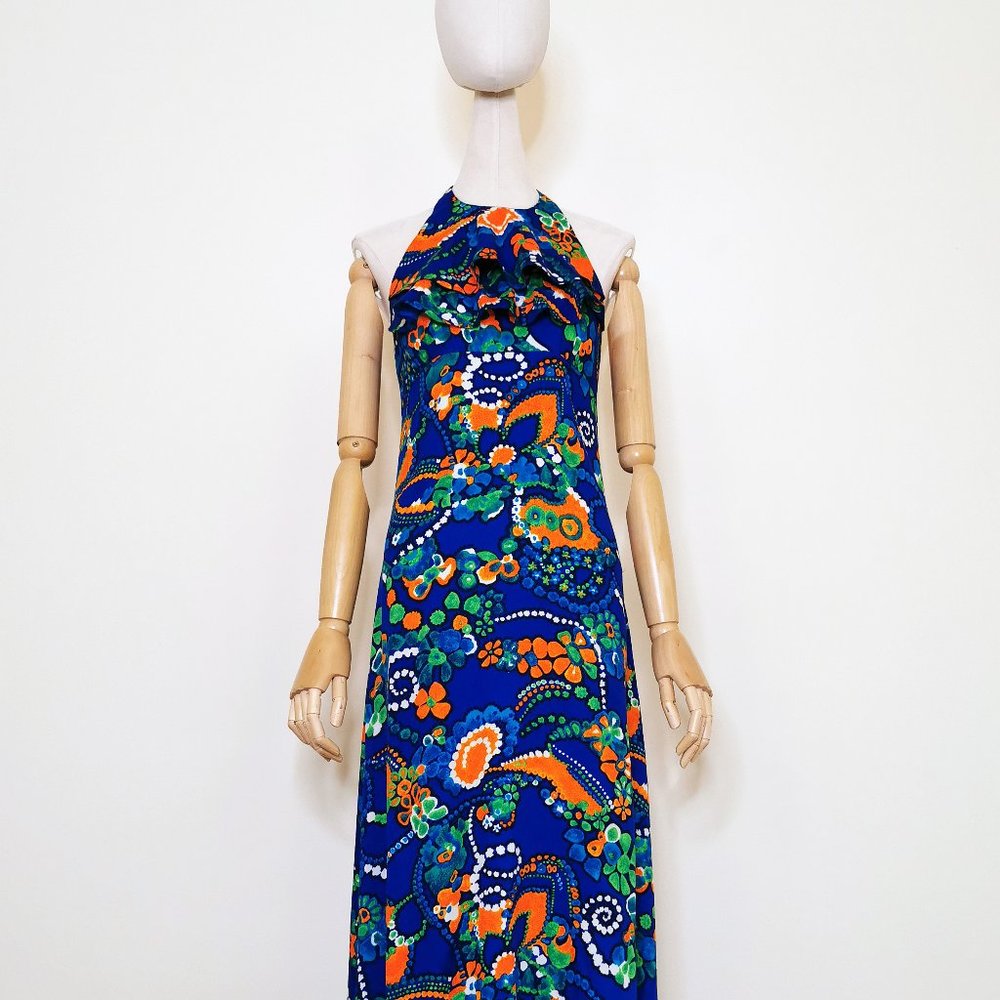 Blue Hawaiian Flounced 70s Halter Maxi Dress